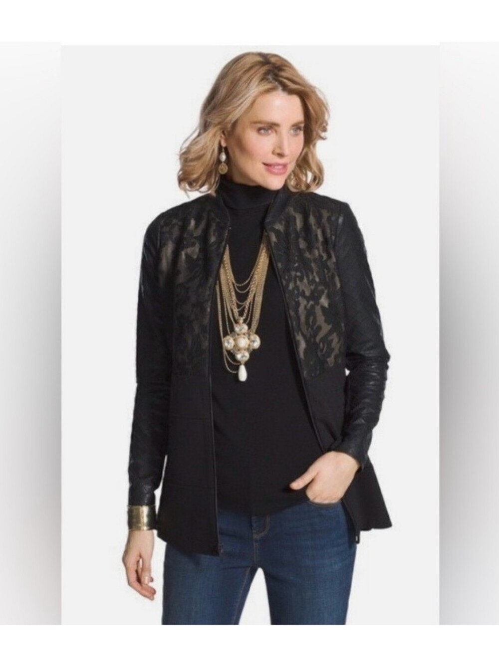 Chico's Faux Leather & Lace Jacket In Black That Combines Edgy & Romance. Size 1